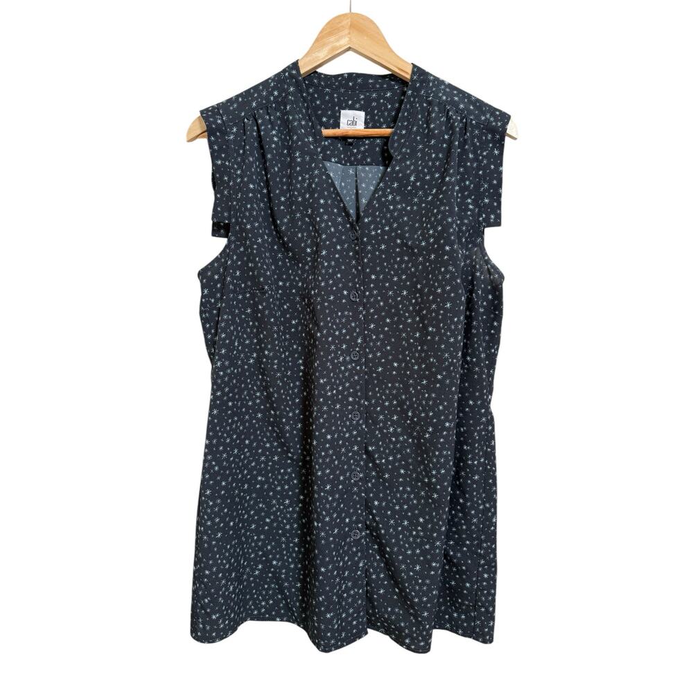 CAbi Black Sleeveless Button-Front Tunic with White Dot Print